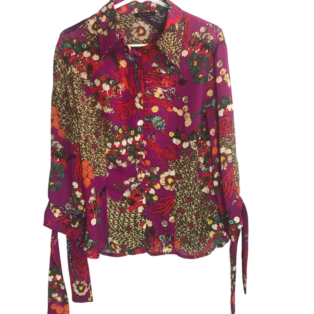 Le Caviar Womens Magenta Sheer Floral Bow Sleeve Button Blouse Y8